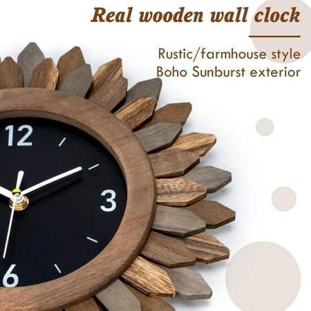 JUNCHI-Wall Clock Battery Operated 12 in Rustic Wood Boho Sunburst Decorative Wall Clock Silent Non Ticking Farmhouse Small Wall Clocks for Living Room Kitchen Bathroom Bedroom Decor (Tricolor)