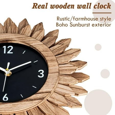 JUNCHI-Wall Clock Battery Operated 12 in Rustic Wood Boho Sunburst Decorative Wall Clock Silent Non Ticking Farmhouse Small Wall Clocks for Living Room Kitchen Bathroom Bedroom Decor (Rustic Brown)