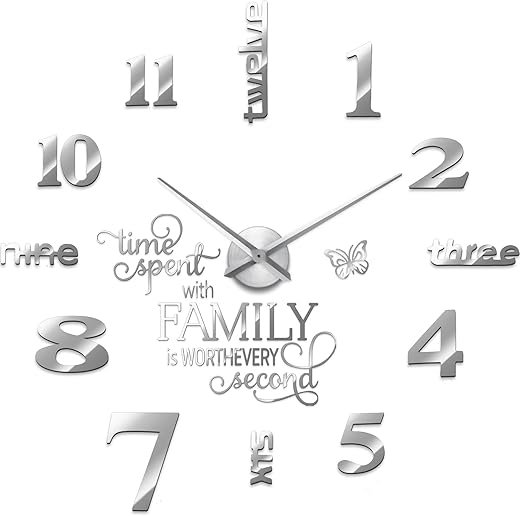 Junkin 3D Large Frameless DIY Wall Clock Modern Decor Family Quote Wall Stickers Clock Kit for Home Living Room Bedroom Office Decorations Adjustable Size(Silver)