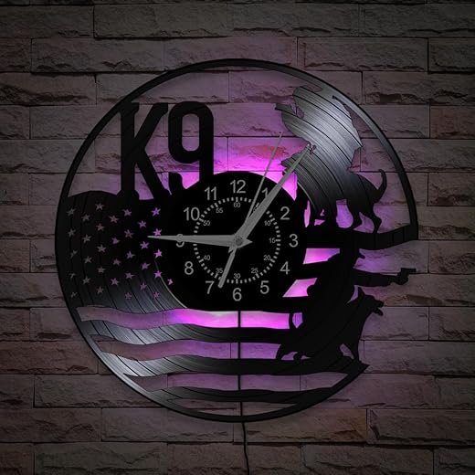 K9 Policeman and Military Dog Clock, 12 Inch 7 Colors LED Police Station Wall Clock, Silent Quartz Non Ticking Modern Decorative Night Light Vinyl Record Wall Clock for Police Office