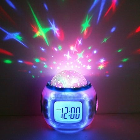Kids Alarm Clock, 7 Color Projection Night Light, Temperature Detect Sound Adjustable Ambient Light for Children Boys and Girls, Students to Wake up at Bedroom, Batteries Operated