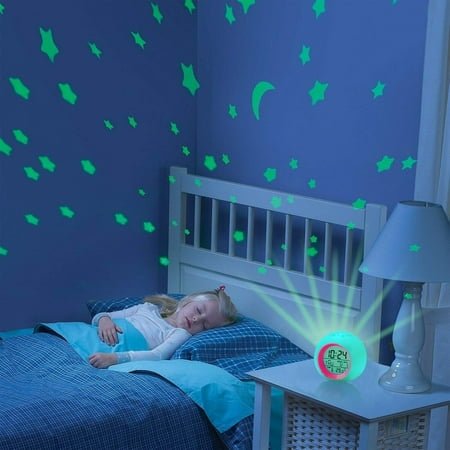 Kids Alarm Clock,Moon Stars Projector Alarm Clock,7 Color Changing Night Light,Snooze Touch Control Temperature for Kids’ Bedroom, Digital Clock for Girls Boys Children