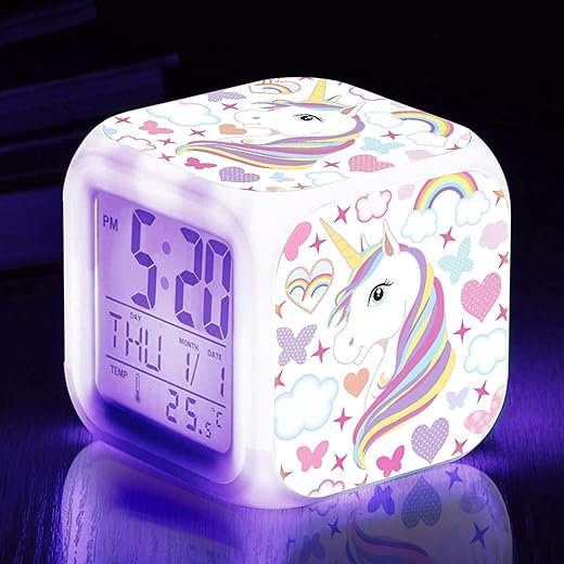 Kids Alarm Clocks, Cute Unicorn Night Light Kids Alarm Clocks with 4 Sided Unicorn Pattern&9 Kinds of LED Glowing Wake Up Bedside Clock Gifts for Unicorn Room Decor for Girls Bedroom