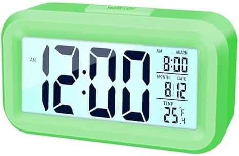 Kids Digital Alarm Clock, 4.3 LED Display with Temperature Larger Lound Light Control Portable Snooze Calendar Brightness with Battery Powered Alarm Clocks Bedside for Everyone (210-Green)