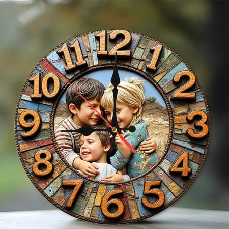 Kids Photo Mosaic Clock Wall Decor 10-Inch Silent Wooden Wall Clock, Battery Operated (AA Batteries Not Included), Artistic Home Decor
