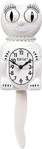 Kit-Cat Klock Limited Edition White Lady with Pearl Necklace & Eyelashes - Cat Clock with Moving Eyes and Tail Wall Clock, Made in USA
