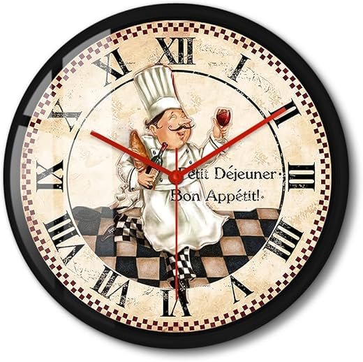 Kitchen Clock with Black Frame, 12'' Vintage Decorative Kitchen Wall Clock Roman Numerals Wall Clock Watch Silent Movement Battery Operated for Kitchens Decor Restaurant Dining Room Chef Gift
