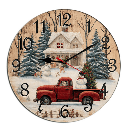 Kurmntregon Christmas Wall Clock Old Red Truck Winter Snowfield Xmas Holiday Wooden Silent Non Ticking Battery Operated Wood Clock For Bedroom Bathroom Living Room Office School Kitchen Round 10