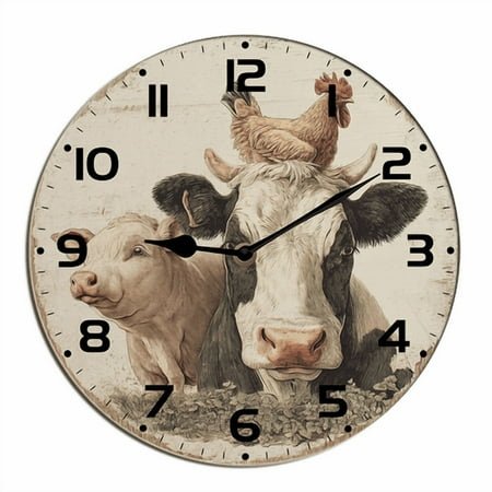 Kurmntregon Farm Animal Cow Pig And Chicken Wall Clock Wooden Desk Kitchen Decor Decorative Battery Operated Clocks For Living Room Bedroom Bathroom Farmhouse Round 10