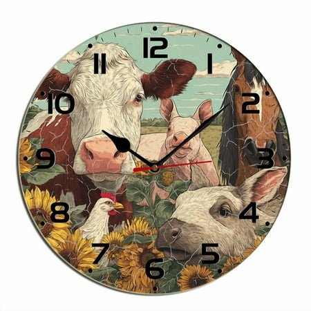 Kurmntregon Farmhouse Animals Wall Clock Farm Cow,Pig,Chicken Wooden Kitchen Silent Non Ticking Battery Operated Rustic Farmhouse Clocks Decorative For Living Room Bedroom Office Round 10