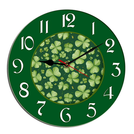 Kurmntregon St.Patrick's Day Fresh Shamrock Wall Clock Shamrock Irish Round 10 Spring Wooden Decorative Battery Operated Quartz Silent Hanging Clock For Bedroom Living Room Kitchen Coffee Bar
