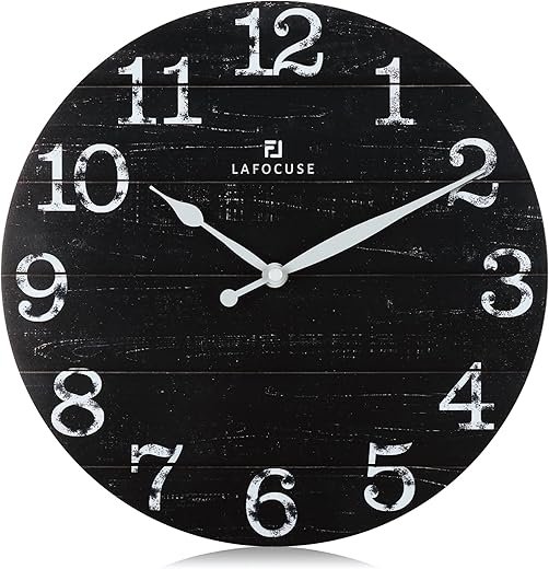 Lafocuse 12 Inch Silent Black Wall Clocks for Kitchen Living Room Decor, Wooden Rustic Wall Clock Battery Operated, Decorative Farmhouse Clock