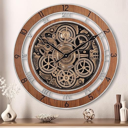 Lafocuse Real Moving Gears Wall Clock Brown Vintage, 21 Inch Steampunk Gear Clocks with Arabic and Roman Numerals, Wooden Farmhouse Industrial Large Wall Clock for Living Room Decor Kitchen Home