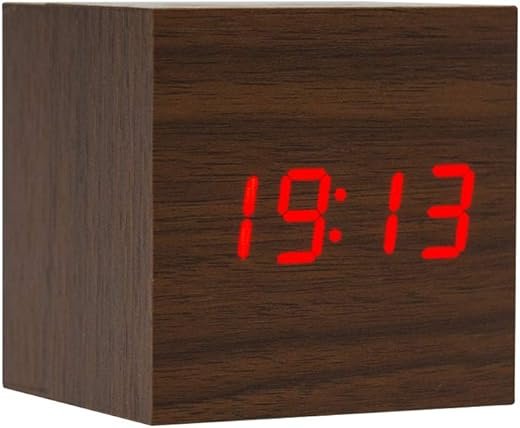 Lancoon Wooden Alarm Clock - Mini Cube LED Digital Clock with Time/Date/Temperature Display, 3 Levels Brightness and Voice Control Great for Home Office Travel - AC10Brown_Red