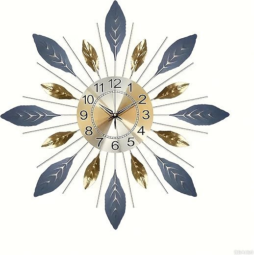 Large 21.6 inch (55 cm) Wall Clock for Living Room Decor,Silent Non,Ticking Modern Metal Leaf Design,Decorative 3D Wall Clock in Blue Gold Color
