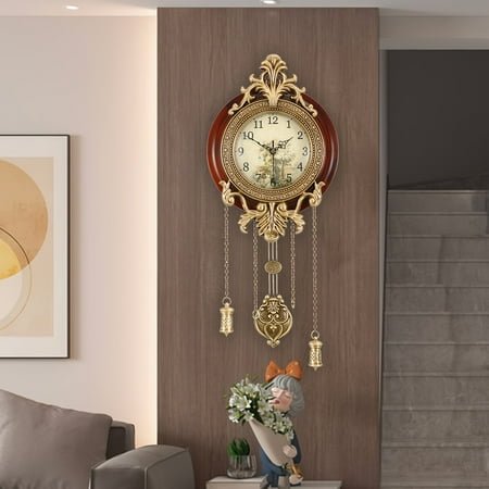 Large Antique-Style Wood Wall Clock - Battery Operated with Swinging Pendulum, Classic European Victorian Design for Living Room Decor, Unique Home Accent