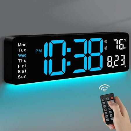 Large Digital Wall Clock with Remote Control, RGB Atmosphere Lights with 11 Scenes Mode, Dual Alarms with Big LED Display, Auto DST, Temperature for Classroom Gaming