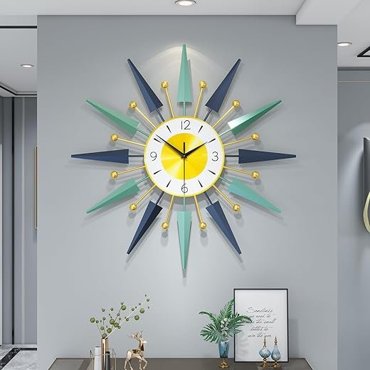 Large Modern Wall Clock for Living Room Decor,24 Inch Big Decorative Starburst Metal Wall Clock Battery Operated for Kitchen Bedroom Office,Silent Mid-Century Colorful Clock for Home Decor