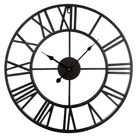 Large Outdoor Wall Clock, 18 Inch Waterproof Patio Clock, Metal Roman Numerals, Silent Movement, Black Iron Design, Suitable for Indoor and Outdoor Use