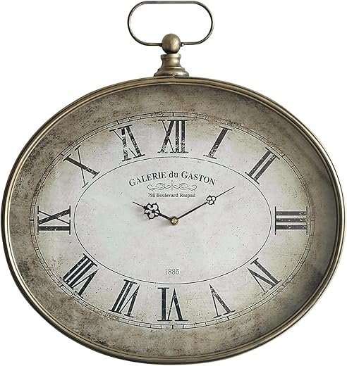 Large Vintage Wall Clock - 20 inch, Distressed Gold, Oval Pocket Watch Design, Roman Numerals, Battery Operated, Antique Decorative Wall Clock for Living Room, Entryway, Kitchen, Bedroom