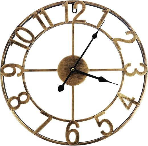 Large Wall Clock, 16 Inch Round Silent Wall Clocks Non Ticking, Battery Operated Wall Clock, Vintage Rustic Iron Wall Clock Decorative Clock for Home Living Room Bedroom Kitchen Decoration (Bronze)