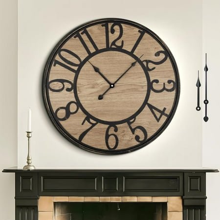 Large Wall Clock for Living Room Decor, Non Ticking Silent, Battery Operated Modern Vintage Wood Oversized Decorative Wall Clock for Bedroom Kitchen Farmhouse Office Decor