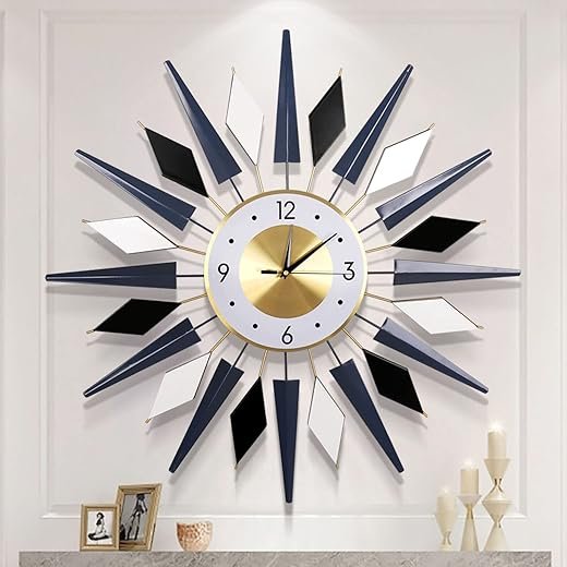 Large Wall Clock Metal Decorative Wall Clocks Silent Non-Ticking Modern Big Clocks for Living Room Dining Room Bedroom Decor, Dia 28 Inch Blue Black White