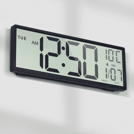 LEIKE 15 Digital Wall Clock Battery Operated Large Display with Date and Day of Week, Large Number with Temperature, Auto DST, Alarm, Snooze, 12/24H for Desk Office