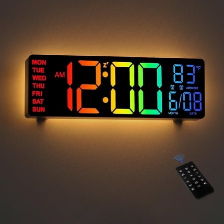 LEIKE Large LED Digital Wall Clock, 8-Color Gradient Display with 5-Level Brightness, Modern Alarm Clock for Bedroom Decor,Black