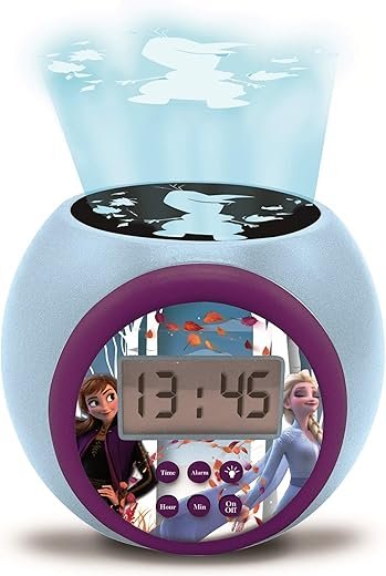 LEXIBOOK, Projector Clock Disney Frozen 2 Anna Elsa with Snooze Alarm Function, Night Light with Timer, LCD Screen, Battery Operated, Blue/Purple, RL977FZ