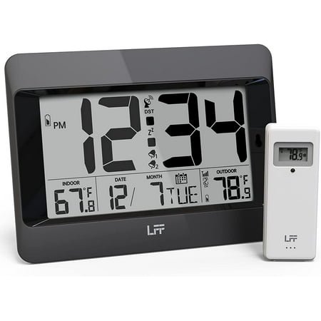 LFF Atomic Clock,Digital Wall Clock Battery Operated,Desk Alarm Clock with Indoor & Outdoor Temperature, Date,Large Display,Wireless Outdoor Sensor, Clock for Bedroom,Living Room,Office,Auto DST
