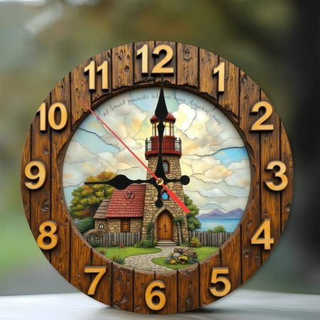 Lighthouse Wall Clock Rustic Home Decor Antique Style 10-Inch Silent Wooden Wall Clock, Battery Operated (AA Batteries Not Included), Artistic Home Decor