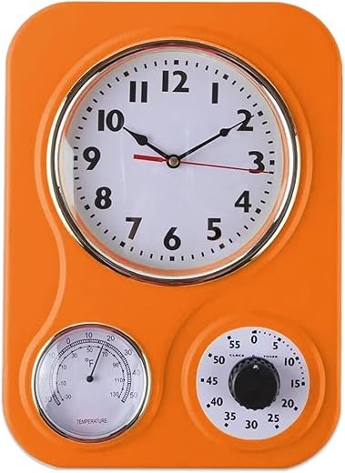 Lily's Home - 9.5 Inch x 12.5 Inch - Retro Kitchen Wall Clock, Vintage Wall Clock with a Thermometer and 60-Minute Timer, Ideal for Any Kitchen, Office, or Diner (Orange)