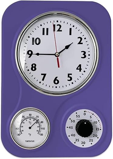 Lily's Home - 9.5 Inch x 12.5 Inch - Retro Kitchen Wall Clock, Vintage Wall Clock with a Thermometer and 60-Minute Timer, Ideal for Any Kitchen, Office, or Diner (Purple)