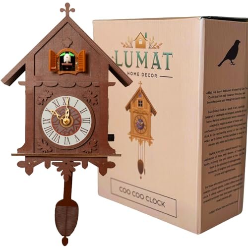 Lumat Cuckoo Clock - Modern Brown Cuckoo Clocks for Wall - Natural melodies - Volume Control - Night Mode - Perfect for Adults, Kids and Families - Battery Powered
