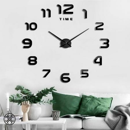 Luxtrada Frameless Wall Clock, Large Modern 3D Mirror Wall Clock Mute Diy Wall Stickers For Living Room Bedroom Home Decoration (Black)