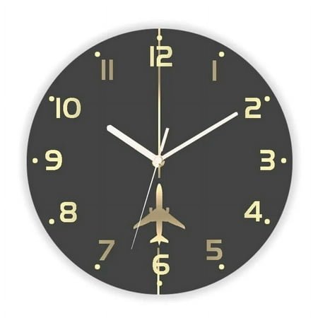 Luxury Faux Gold Minimalist Aviation Aircraft Large Wall Clock for Pilot Airplane Flight Round Wall Watch Living Room Home Decor(10 Inch)