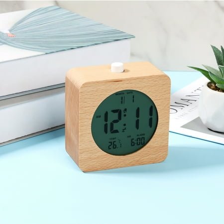 Lzvxtym Wooden Digital Alarm Clock for Bedrooms,4'' Battery Powered Alarm Clock with Snooze and Nightlight,Electronic LCD Desk Clock Display Time,Date,Temp,12/24H,Wood Décor