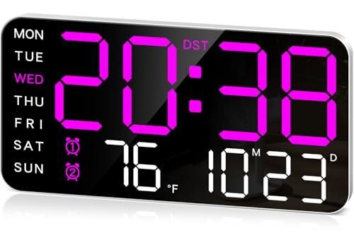 MASHI 8.4''Large Digital Wall Clock, Led Alarm Clock with Big Digits, Date, Temperature, DST, Modern Decor Design for Desk,5-Level Brightness for Room, Bedroom, Gift, Yougster and Elderly (Purple)