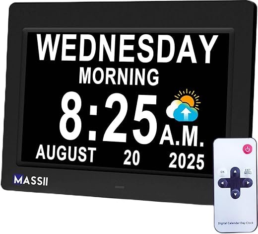 MASSII Dementia Voice-Talking Clock with Date and Time, 20 Alarms Custom Reminder, Sleep Trainer, Large Numbers, Auto DST, Night Dimmer, Calendar Clock for Dementia, with 1.5M Adaptor