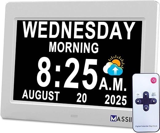 MASSII Voice-Talking Dementia Clock with Date and Time, 20 Alarms Custom Reminder, Sleep Trainer, Large Numbers, Auto DST, Night Dimmer, Calendar Clock for Dementia, with 1.5M Adaptor