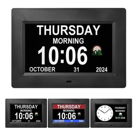 Memwake Multifunctional Large-Screen Digital Alarm Clock for Alzheimer's Patients with Date and Day of Week,Multiple Display Modes,7-inch Black