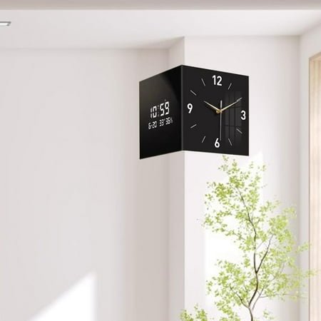 menolana Corner Clock Double Sided Wall Clock Date Week Display Creative Practical, Modern Hanging Temperature Display for Living Room 30cmx30cm