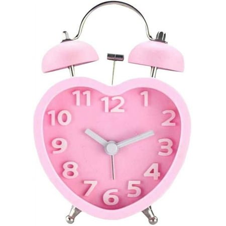 MetalM - Students Seniors 3in Twin Bell Loud Alarm Clock Silent Analog Quartz Nightlight Clock Battery Operated for Heavy Sleepers Heart Shape Pink