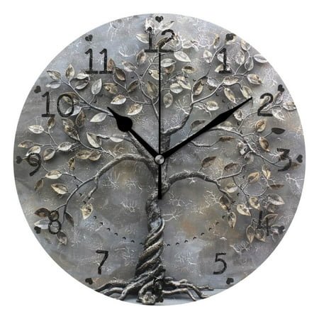 Metal Tree Round Wall Clock Silent Analog Battery Operated Black Pointer Home Decor 9.84 Diameter