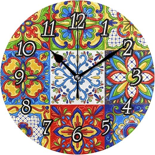 Mexican Talavera Ceramic Tile Ethnic Folk Ornament Italian Pottery Wall Clock, Silent Non-Ticking Easy to Read Round Decorative Wall Clock with Black Hands for Home Office School 9.5" in Diameter