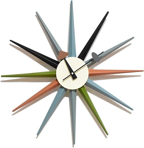 Mid Century Modern Wall Clock Large Silent Non Ticking 18 inch Solid Wood Retro Sunburst Clock for Living Room Decor,Office Kitchen