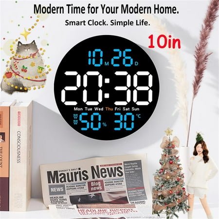 Milemduomar 10-inch Full Screen Multi-Function Led Digital Wall Clock,Black Shell White Ice Blue Digital Display,Adjustable Light Remote Control