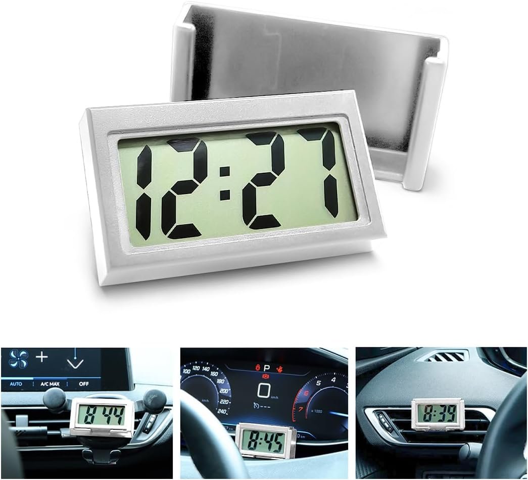 Mini Digital Clock for Car Dashboard, Battery Operated & Clear LCD Screen Time Display, Small Digital Clock with Self-Adhesive Bracket (White)