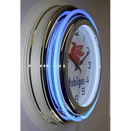Mobilgas Blue Double Neon Advertising Clock Man Cave Garage Decor